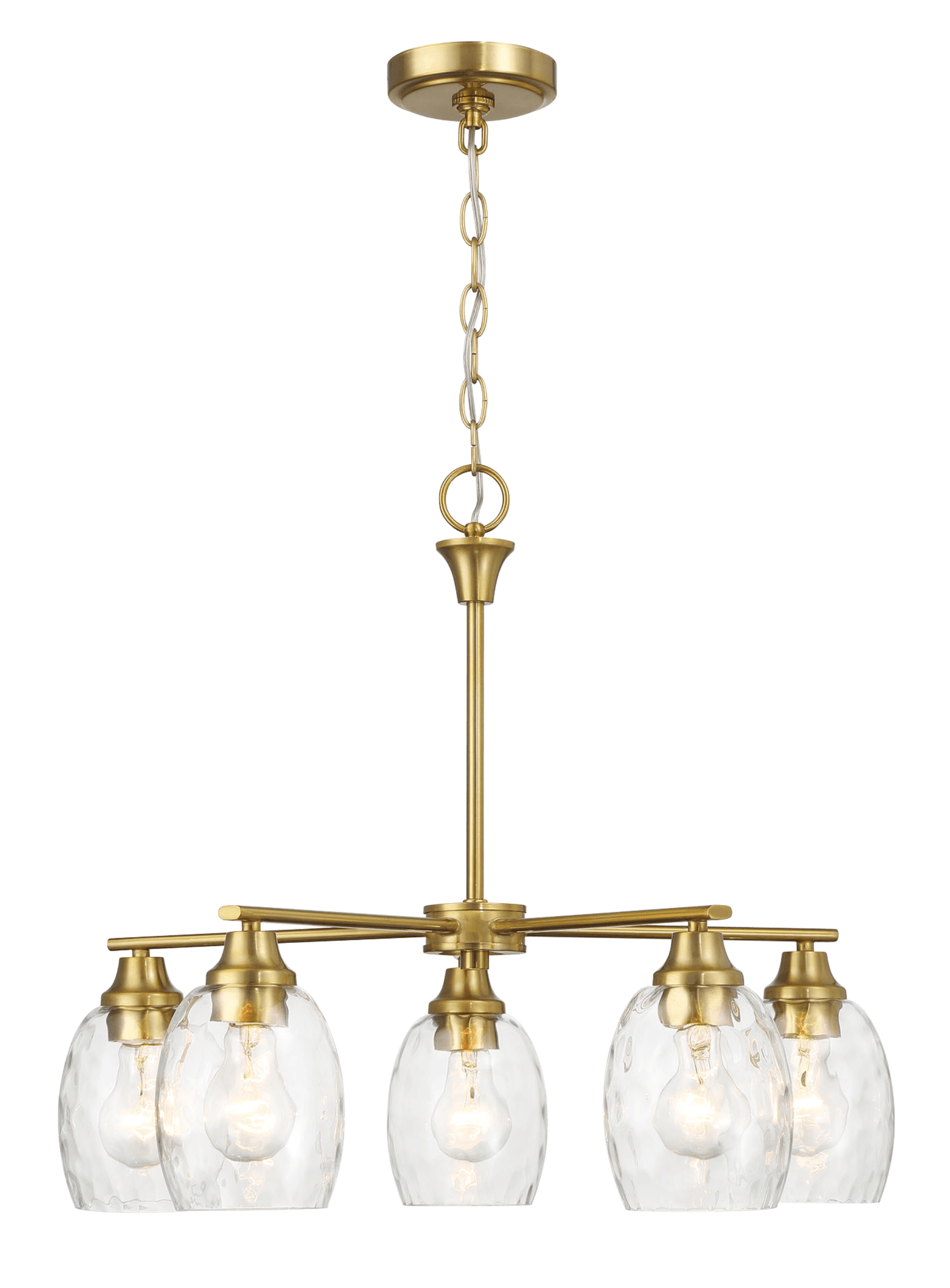 Elegance Five Lights Linear Arms with Golden Brass Finish Chain Chandelier 24"W × 8.5"H with Clear Water Glass