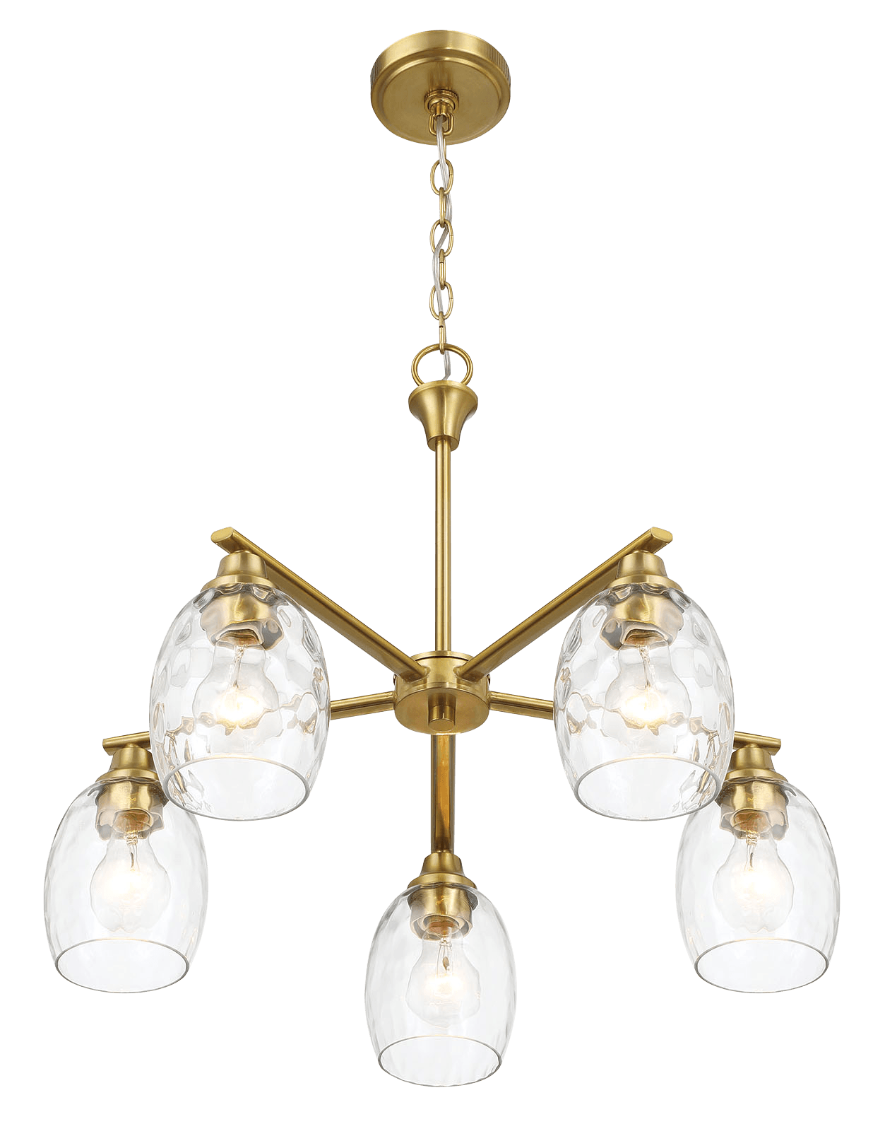 Elegance Five Lights Linear Arms with Golden Brass Finish Chain Chandelier 24"W × 8.5"H with Clear Water Glass - West Lamp