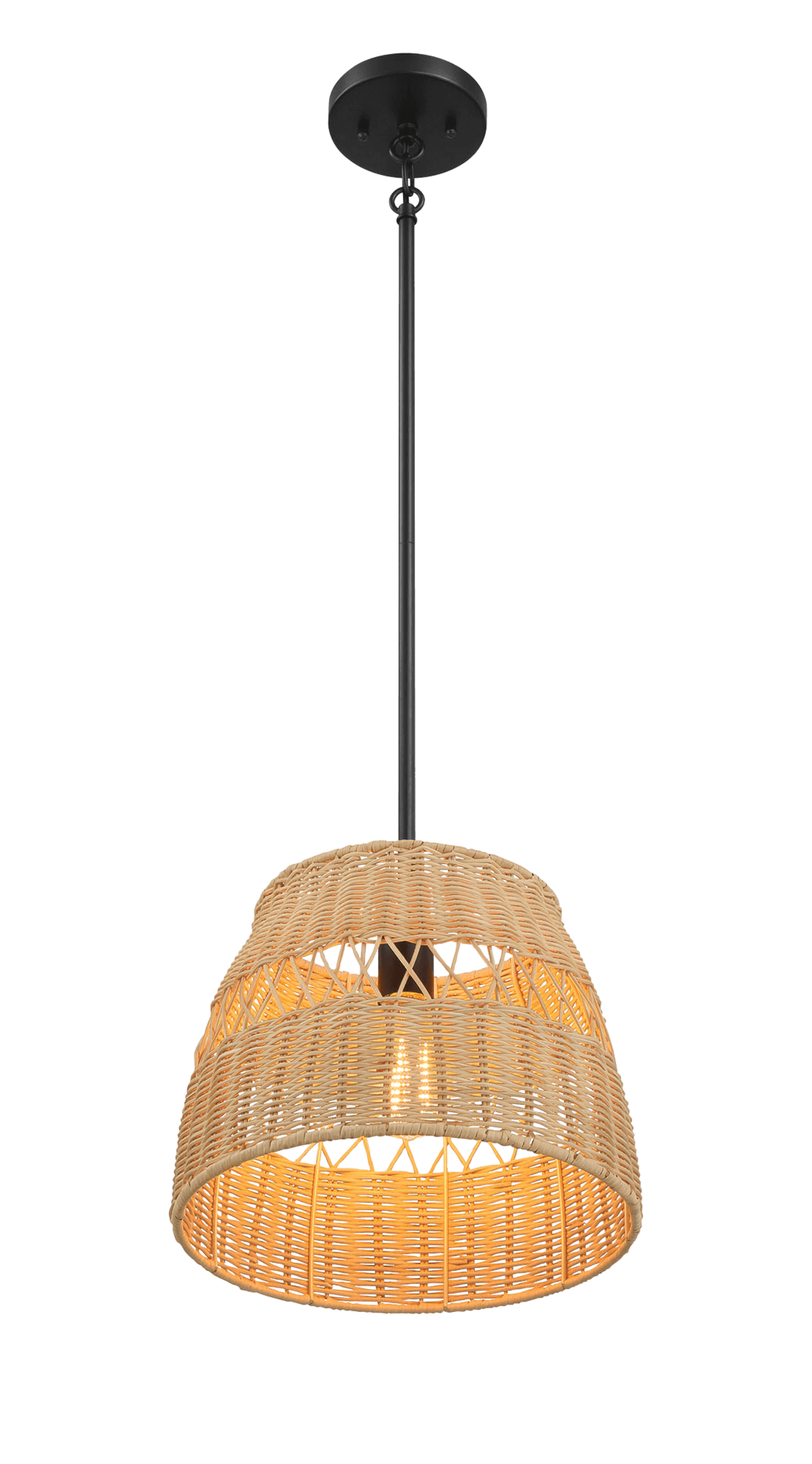 Essence Single Lights Pendant With Rattan Shade  Black Metal Finish for Farmhouse Style