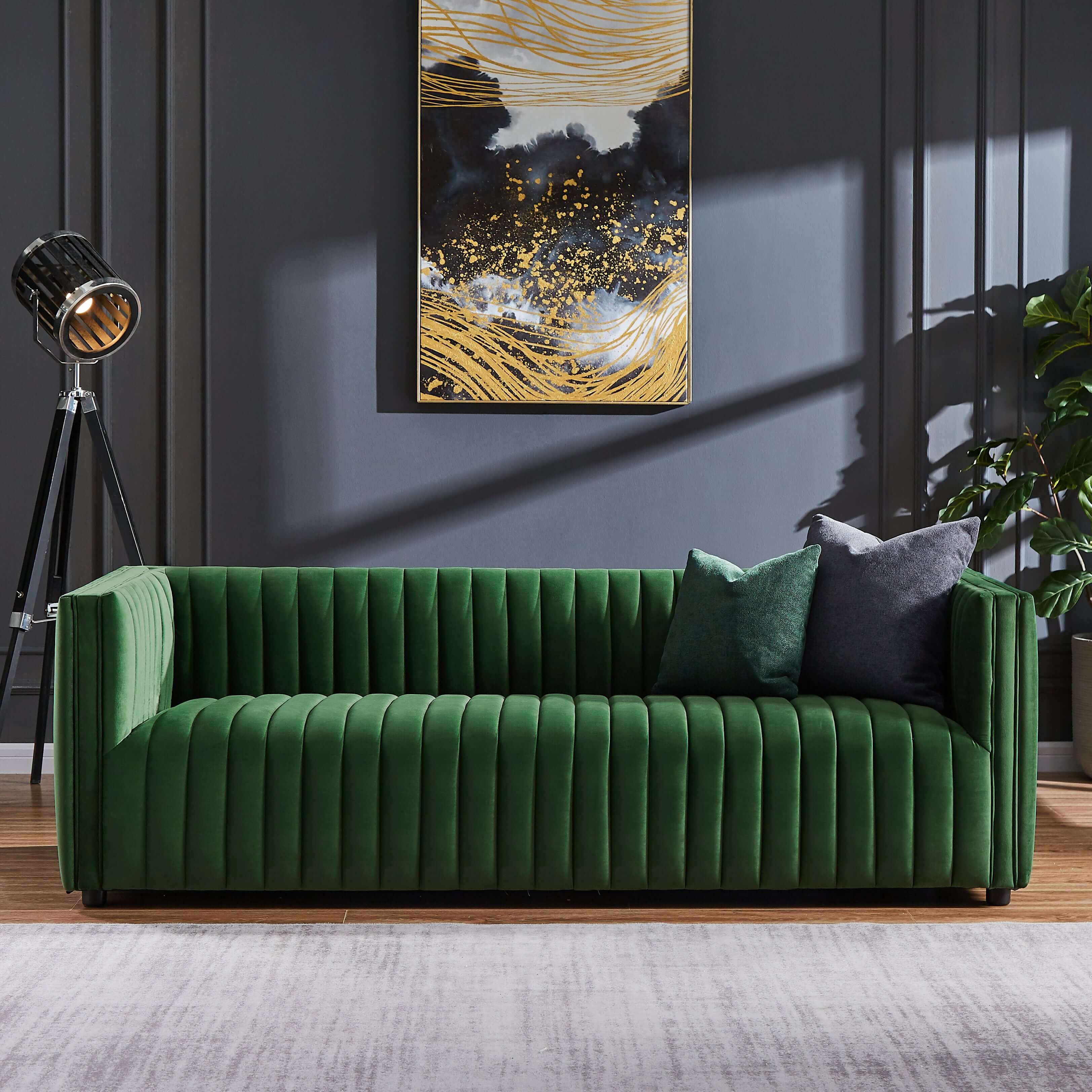 #Color_Green Velvet Dominic Channel Tufted Sofa in Yellow Velvet front view