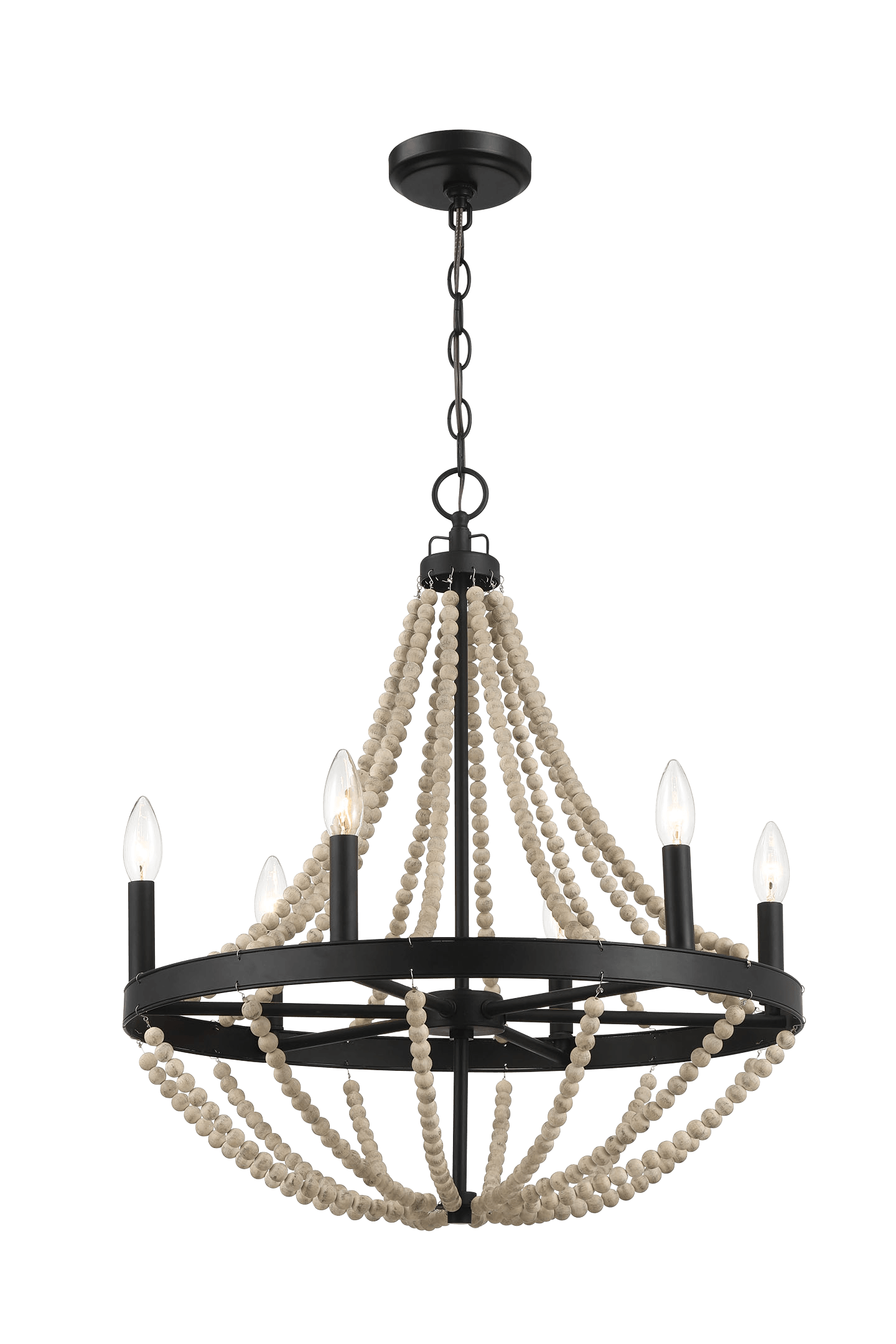 Starry Wood Chandelier Farmhouse Six Candle Light Wood Beaded Black Pendant Light for Dining Room