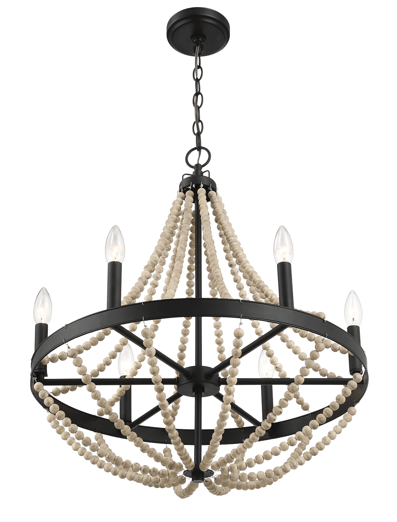 Starry Wood Chandelier Farmhouse Six Candle Light Wood Beaded Black Pendant Light for Dining Room