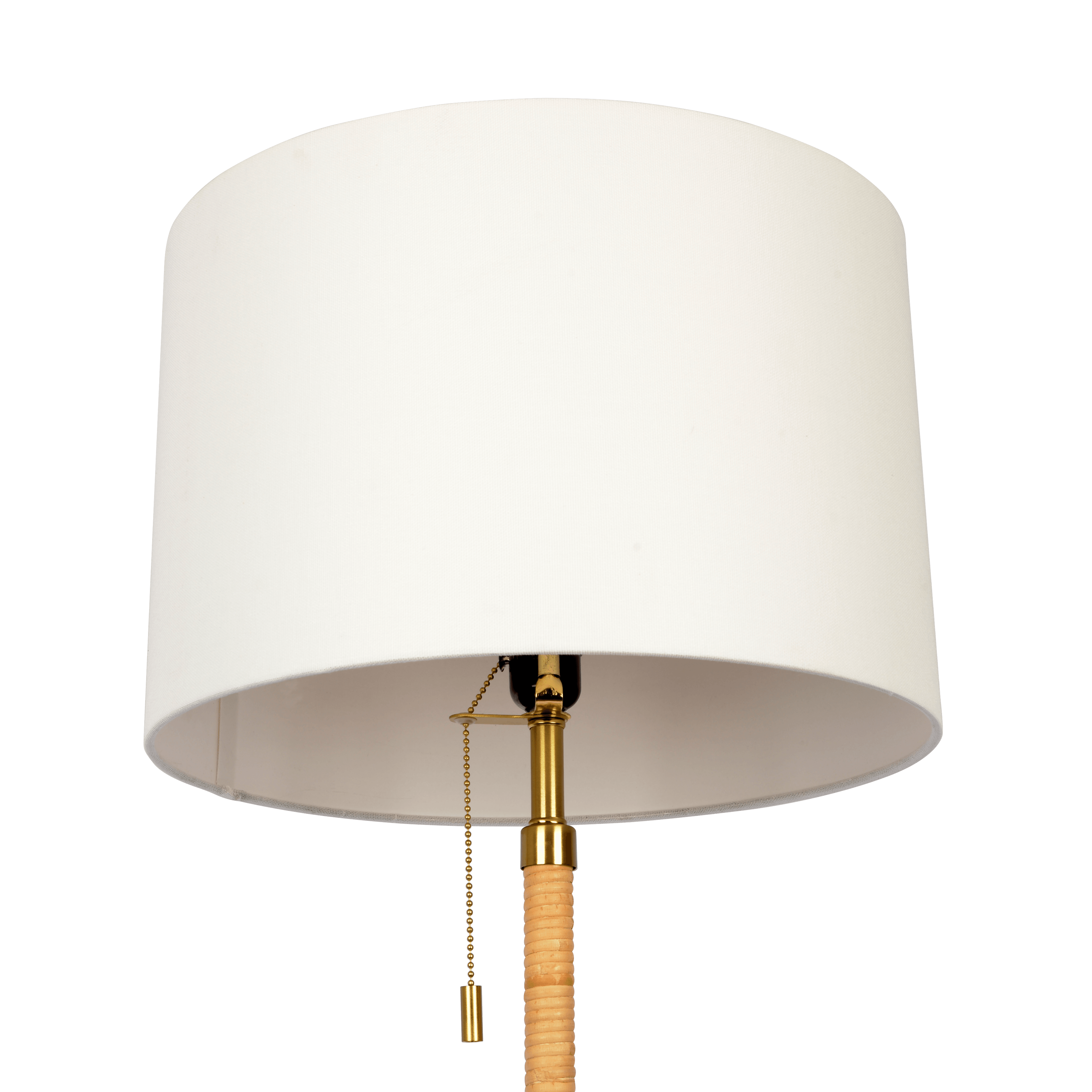 Stellar Wood Rattan Tube , Gold Brass Metal and White Linen Shade Floor Lamp