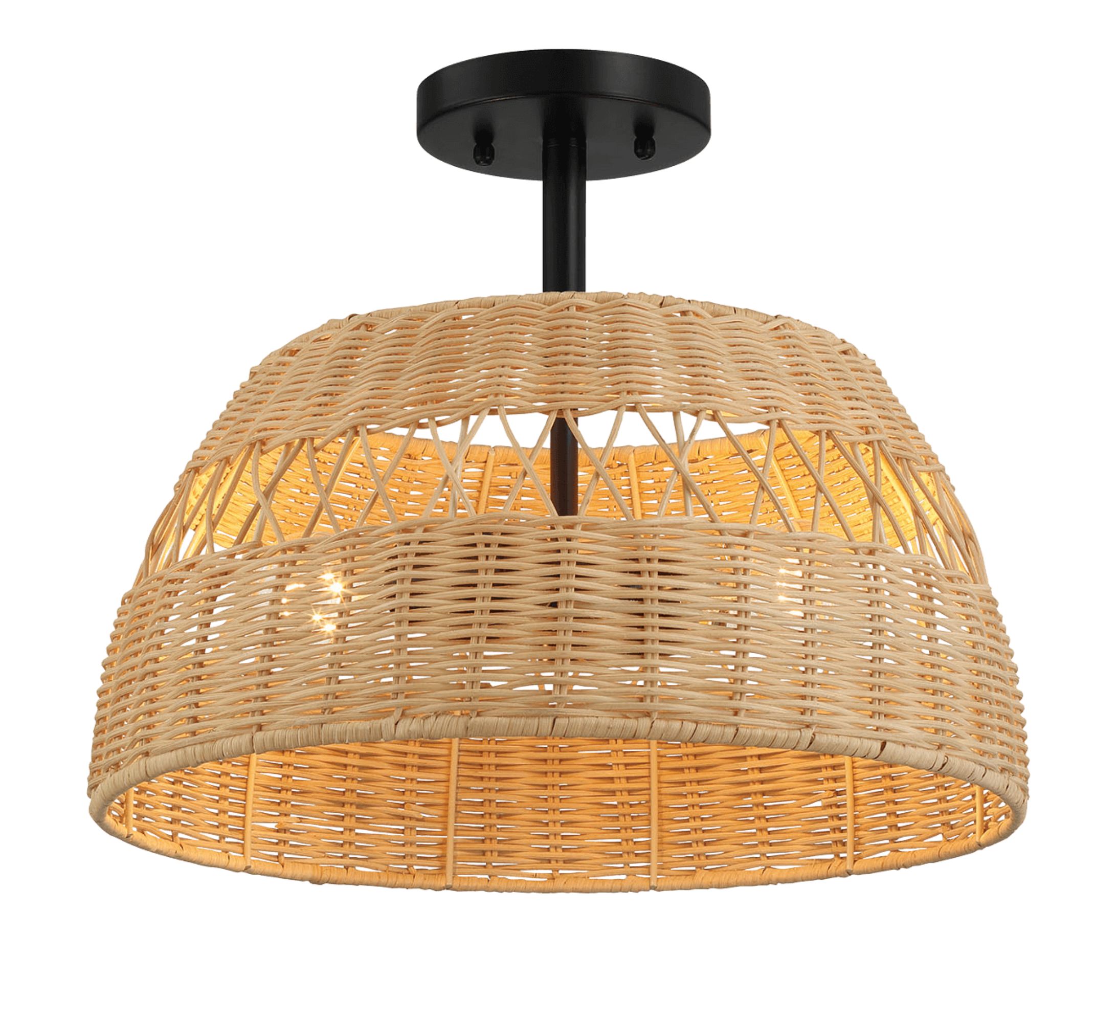 Twinkle Double Lights Semi Flush With Rattan Shade Black Metal Finish for Farmhouse Style