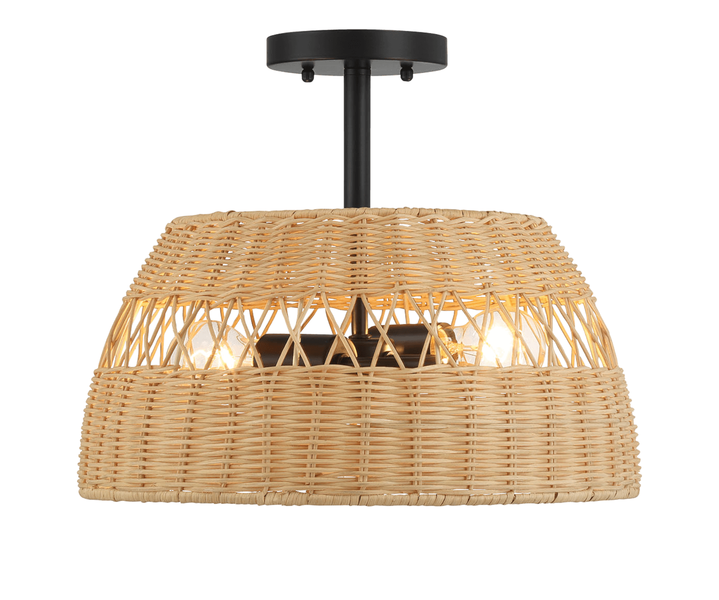 Twinkle Double Lights Semi Flush With Rattan Shade Black Metal Finish for Farmhouse Style