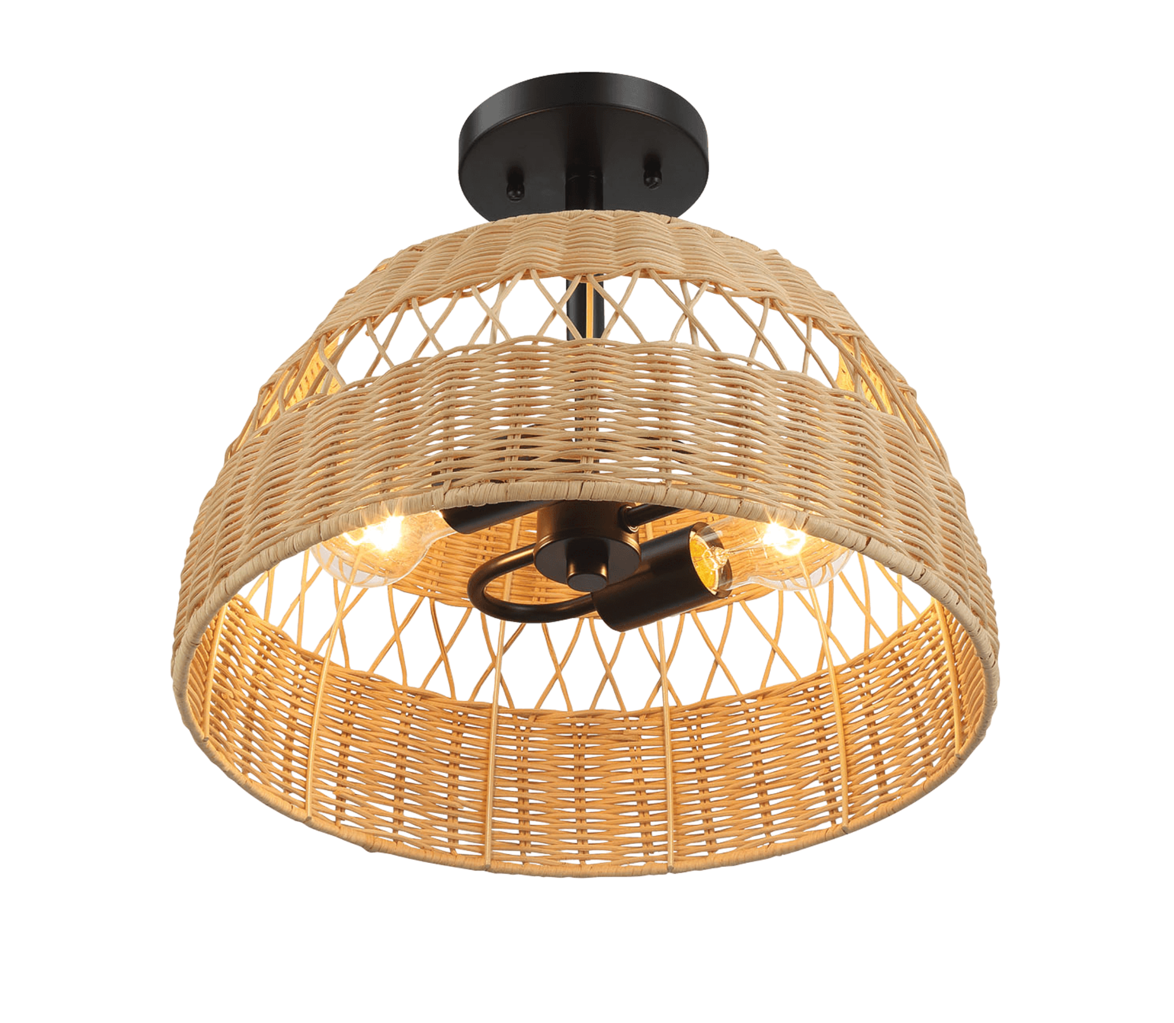 Twinkle Double Lights Semi Flush With Rattan Shade Black Metal Finish for Farmhouse Style