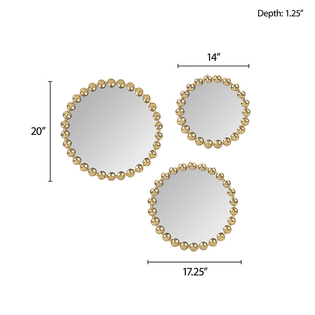 Gold Beaded Round Wall Mirror 3 Pies Set