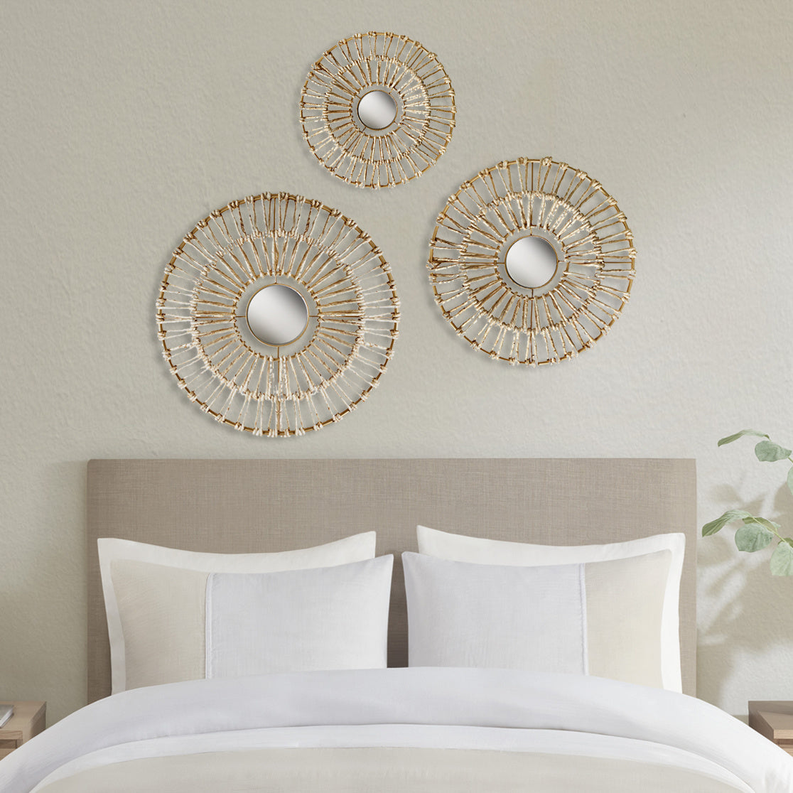 Round Natural Fiber  Mirror 3 Piece Set