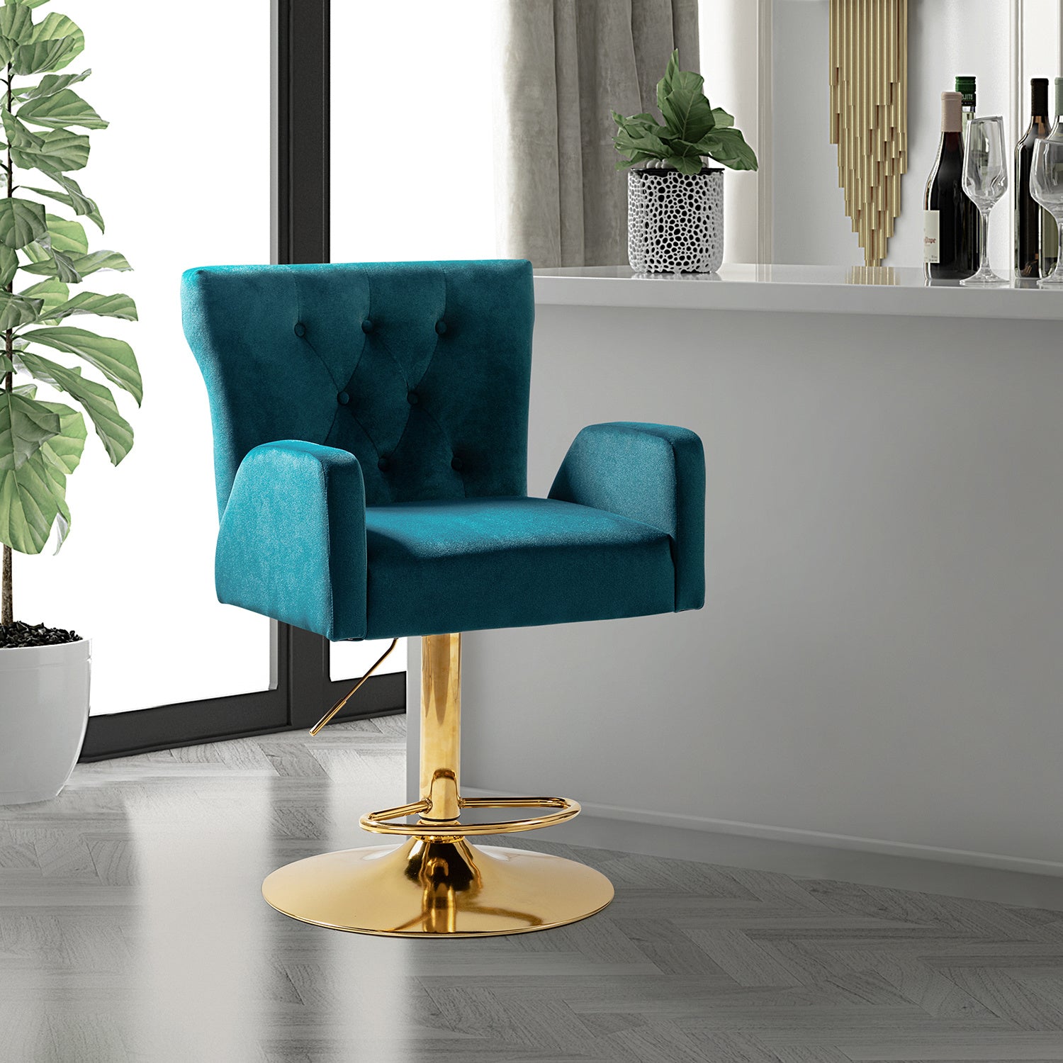 Swivel Adjustable Bar Chair in Blue Velvet