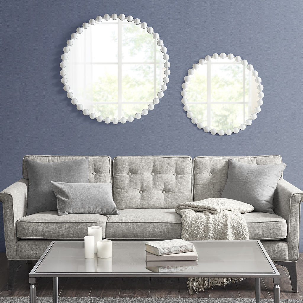 White Beaded Round Mirror 27"