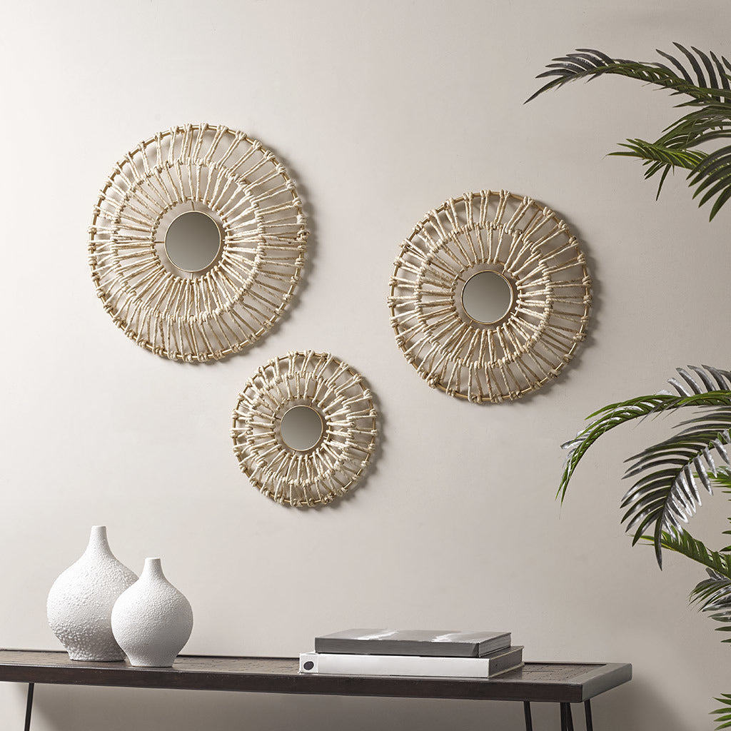 Round Natural Fiber  Mirror 3 Piece Set