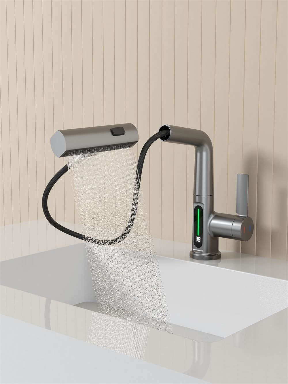 Waterfall Kitchen Faucet with Temperature Display